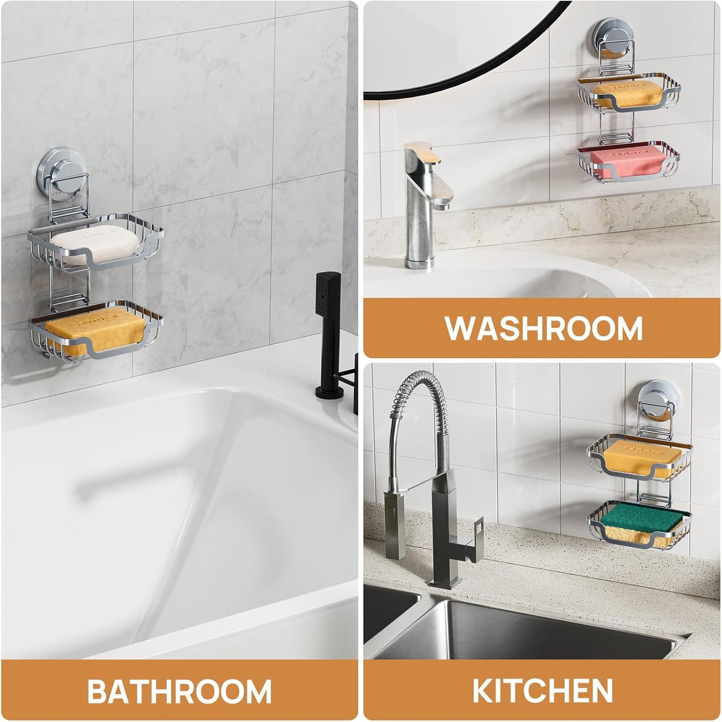 LEVERLOC Suction Cup Series 2 Tier Soap Holder, Stainless Steel Wall Mounted Shower Soap Dish, Waterproof Removable Sponge Holder, Keep Dry