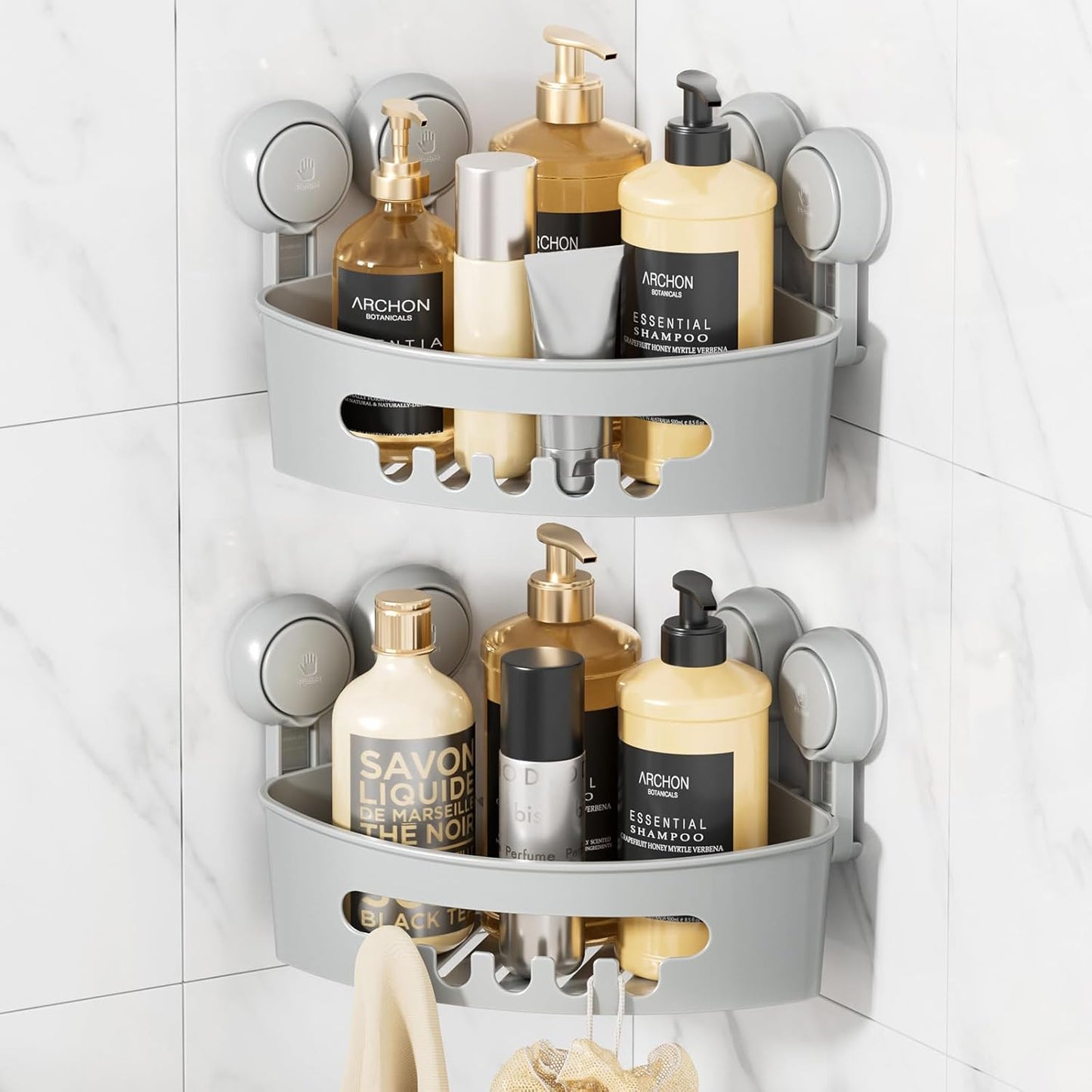 LEVERLOC Suction Cup Corner Shower Caddy Basket, Powerful Suction, Waterproof & Rustproof, No-Drilling Removable