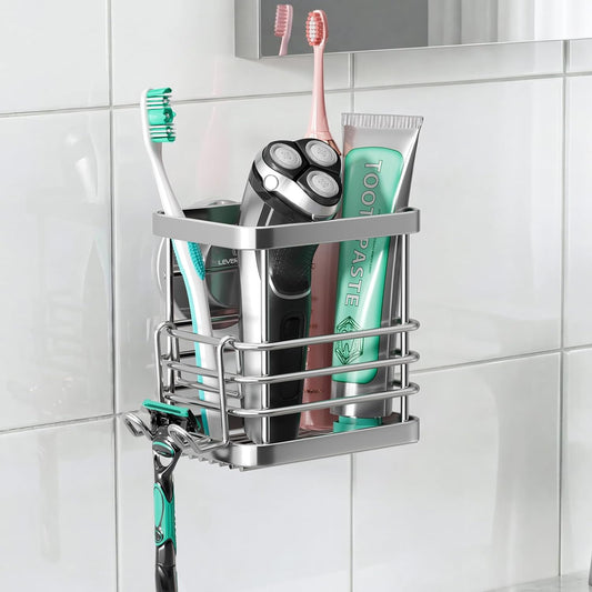 LEVERLOC Suction Cup Series Toothbrush Holder, Stainless Steel Anti-Puddling Shower Toothpaste & Razor Organizer, No Drilling