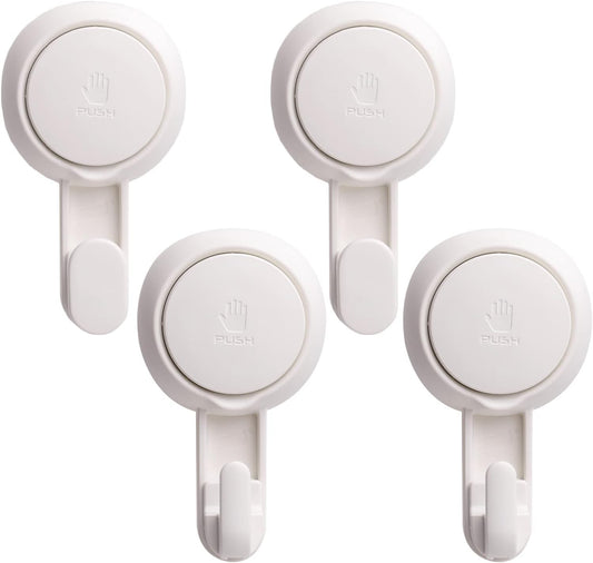 LEVERLOC Heavy-Duty Suction Cup Shower Hooks, 4-Pack:  White，No-Drill Vacuum-Mounted Hooks