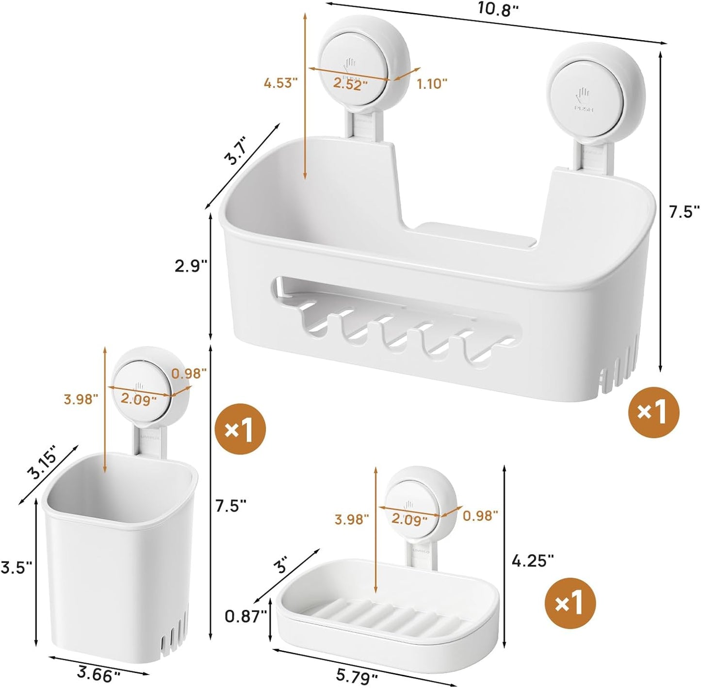 LEVERLOC Suction Cup Series 3-Piece Shower Caddy Set (Shower Organizer, Soap Holder & Toothbrush Holder) - No-Drilling Removable Waterproof Bathroom Shelf Basket