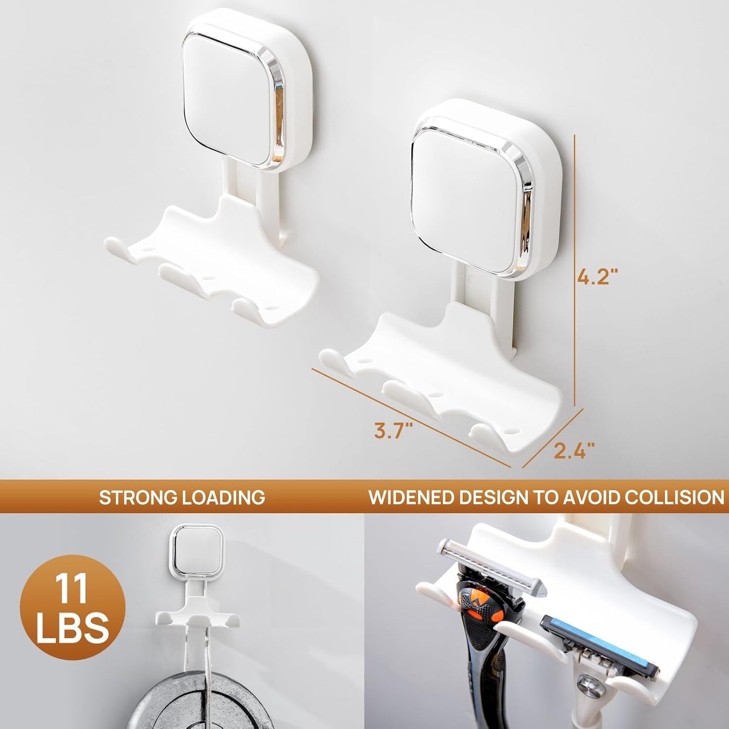 LEVERLOC Suction Cup Series Razor Holder (2 Pack), Heavy Duty Shower Hooks for Towel & Loofah, Damage-Free
