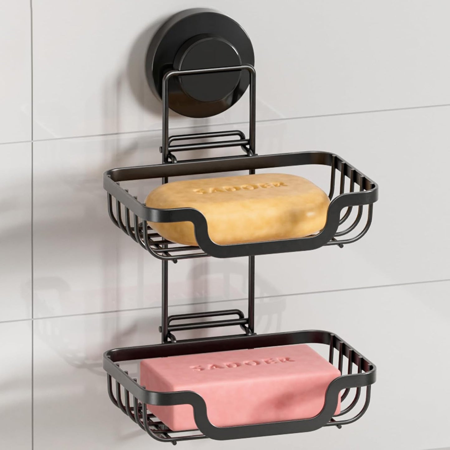 LEVERLOC Suction Cup Series 2 Tier Soap Holder, Stainless Steel Wall Mounted Shower Soap Dish, Waterproof Removable Sponge Holder, Keep Dry