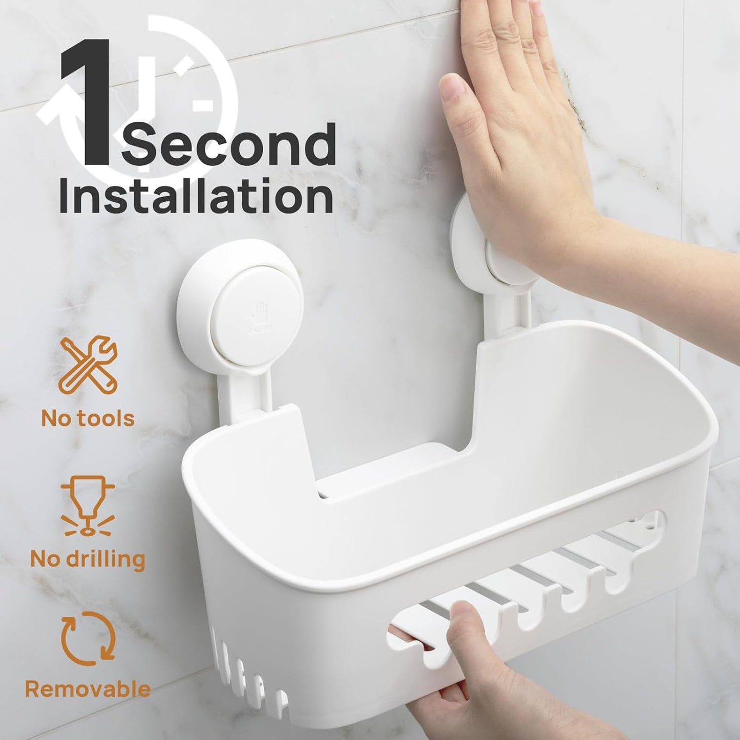 LEVERLOC Suction Cup Series 3-Piece Shower Caddy Set (Shower Organizer, Soap Holder & Toothbrush Holder) - No-Drilling Removable Waterproof Bathroom Shelf Basket
