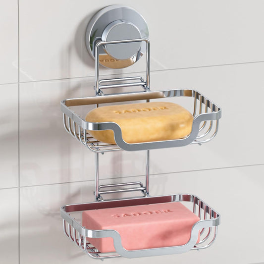 LEVERLOC Suction Cup Series 2 Tier Soap Holder, Stainless Steel Wall Mounted Shower Soap Dish, Waterproof Removable Sponge Holder, Keep Dry