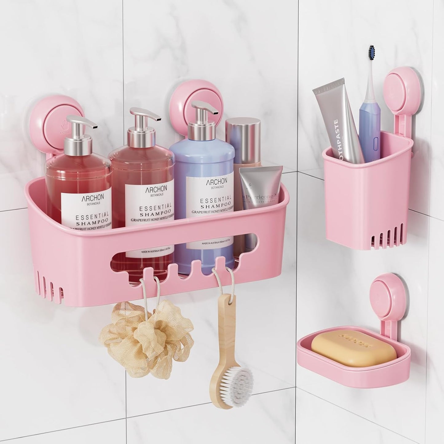LEVERLOC Suction Cup Series 3-Piece Shower Caddy Set (Shower Organizer, Soap Holder & Toothbrush Holder) - No-Drilling Removable Waterproof Bathroom Shelf Basket