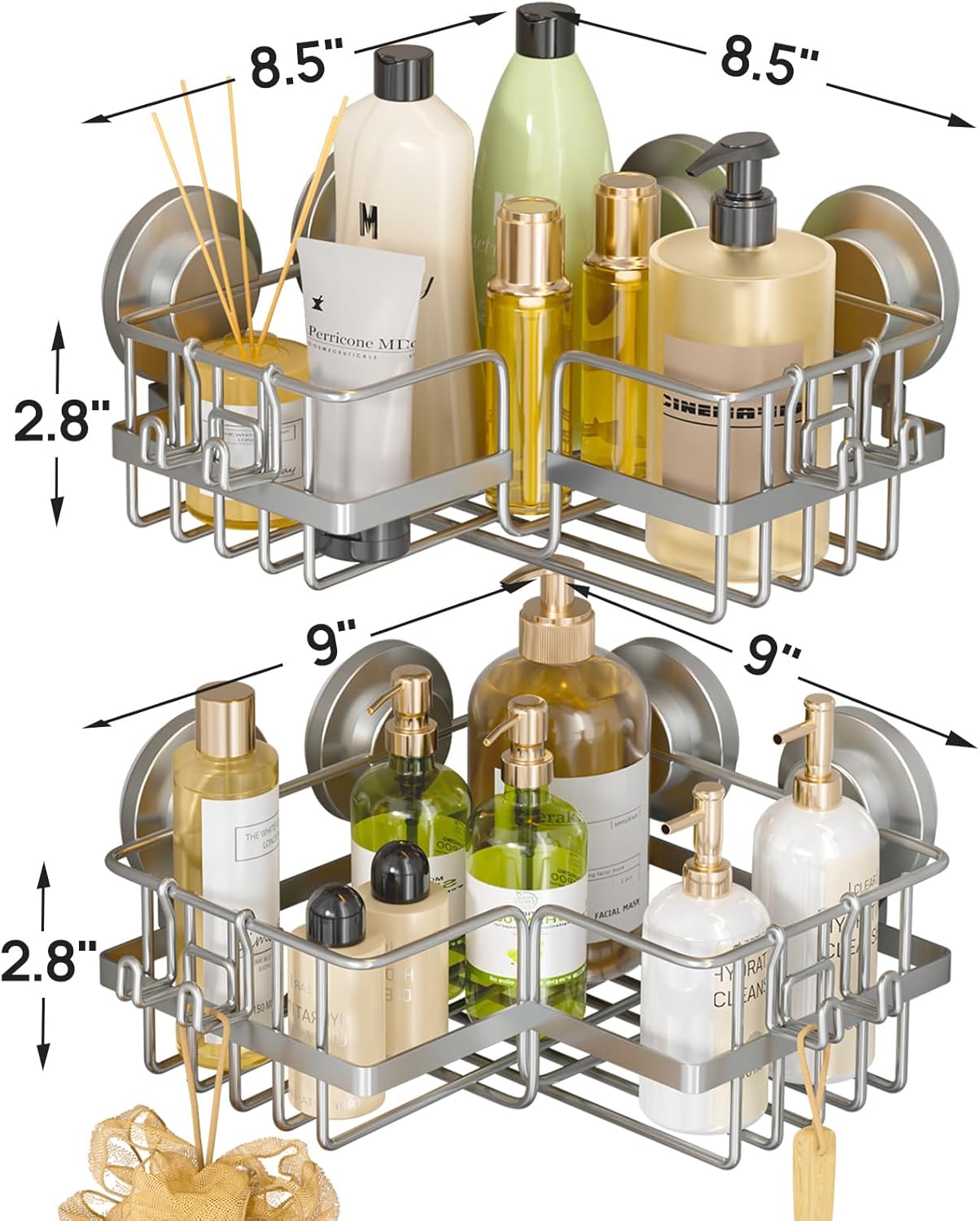 LEVERLOC Vacuum Suction Series 2-Pack Corner Shower Shelf, Stainless Steel Rustproof Bathroom Organizer, Drill-Free
