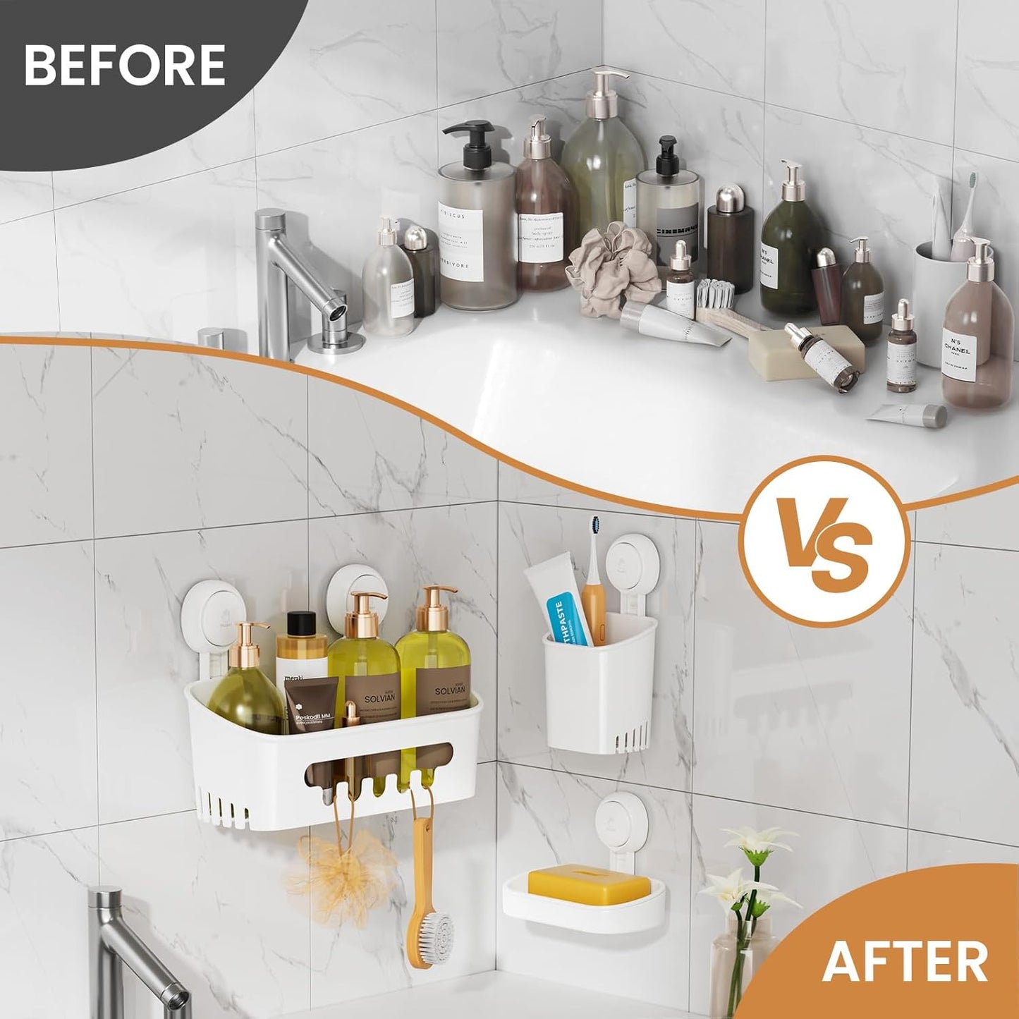LEVERLOC Suction Cup Series 3-Piece Shower Caddy Set (Shower Organizer, Soap Holder & Toothbrush Holder) - No-Drilling Removable Waterproof Bathroom Shelf Basket