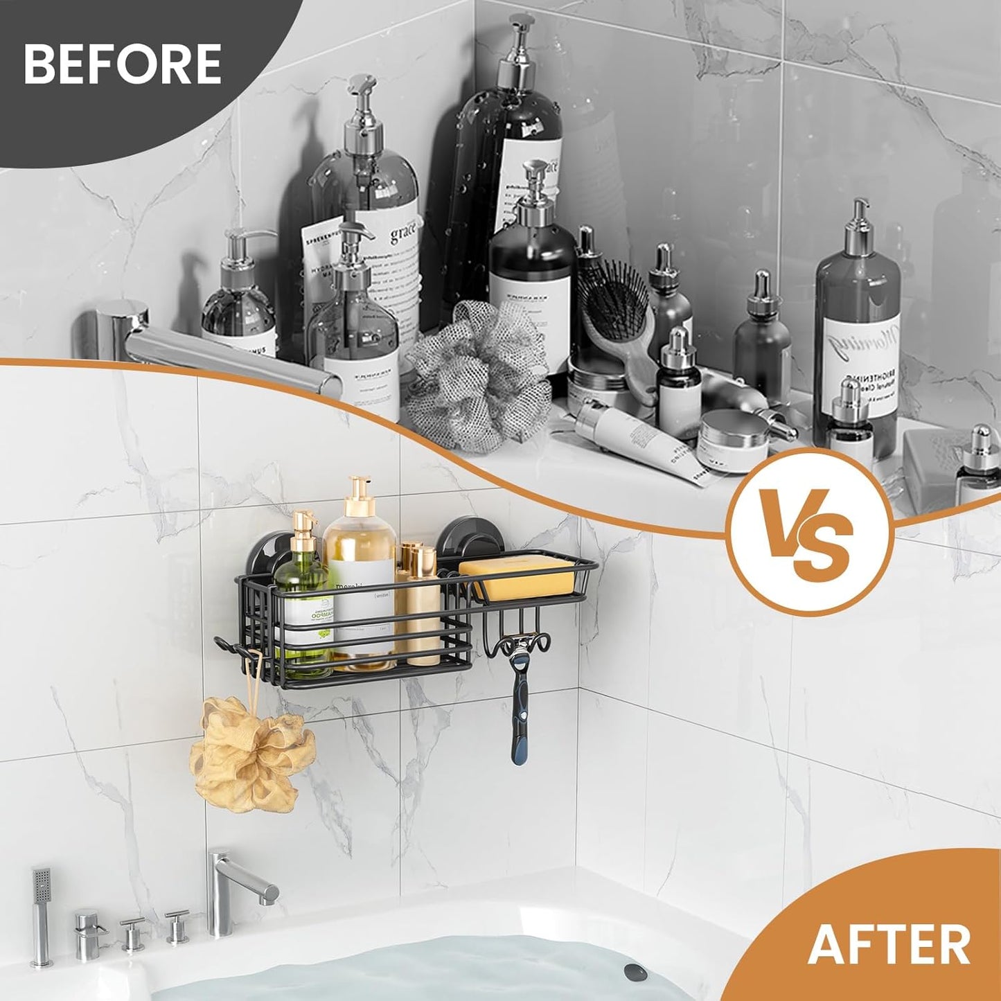 LEVERLOC Vacuum Suction Series 2-Pack Shower Shelf, Heavy Duty Bathroom Organizer & Storage Basket, Rustproof