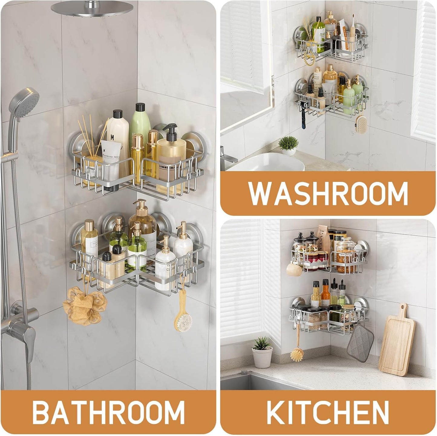 LEVERLOC Vacuum Suction Series 2-Pack Corner Shower Shelf, Stainless Steel Rustproof Bathroom Organizer, Drill-Free