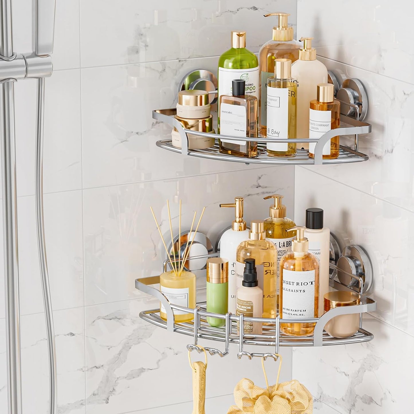 LEVERLOC Vacuum Suction Series 2-Pack Corner Shower Shelf, Stainless Steel Rustproof Bathroom Organizer, Drill-Free