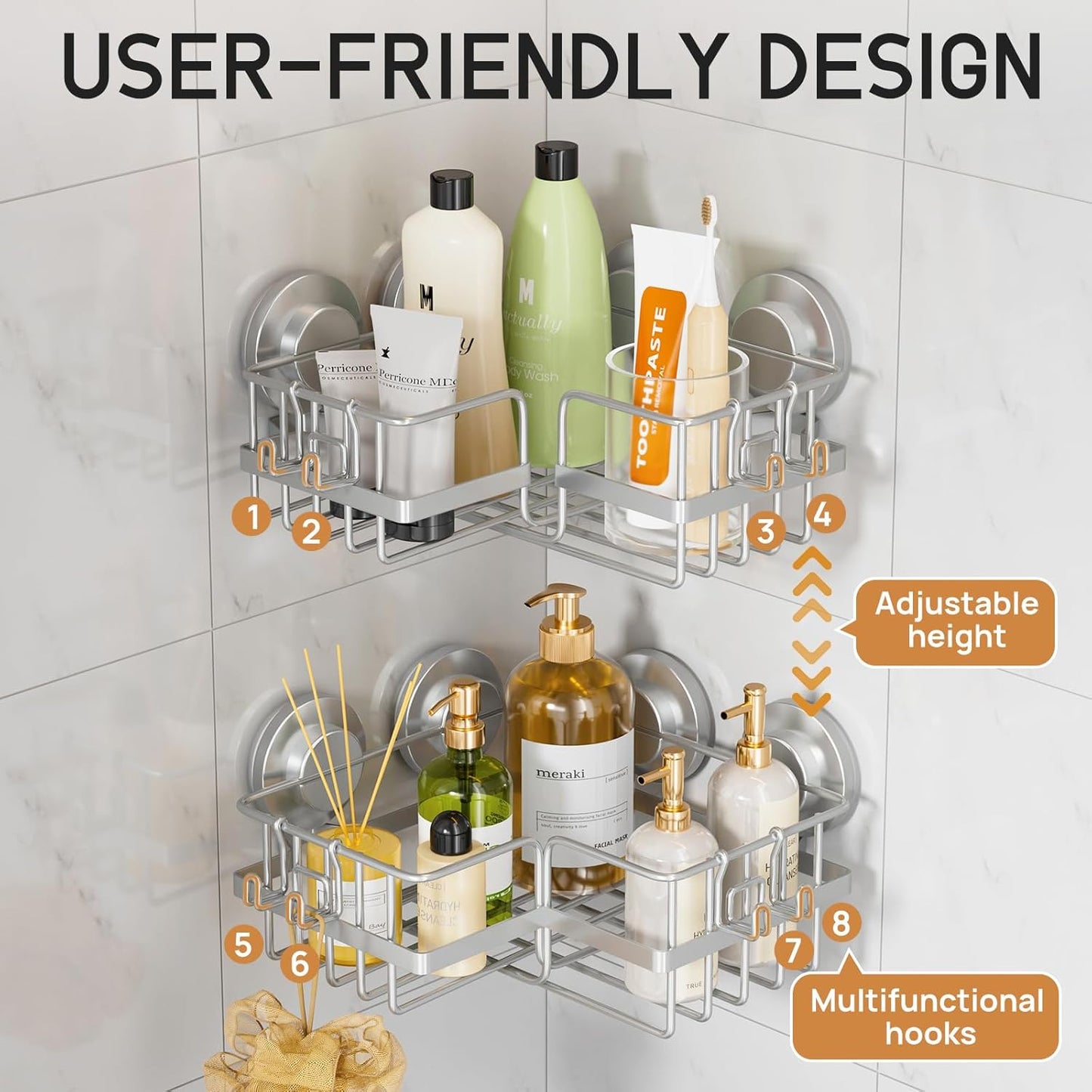 LEVERLOC Vacuum Suction Series 2-Pack Corner Shower Shelf, Stainless Steel Rustproof Bathroom Organizer, Drill-Free