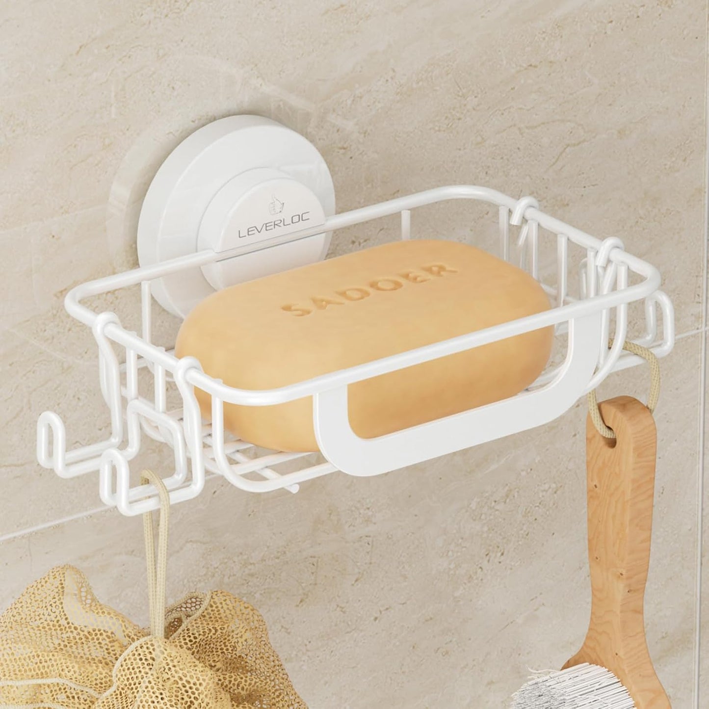 LEVERLOC Suction Cup Series Soap Holder with Hooks, Rustproof Stainless Steel Shower Soap Dish & Sponge Caddy