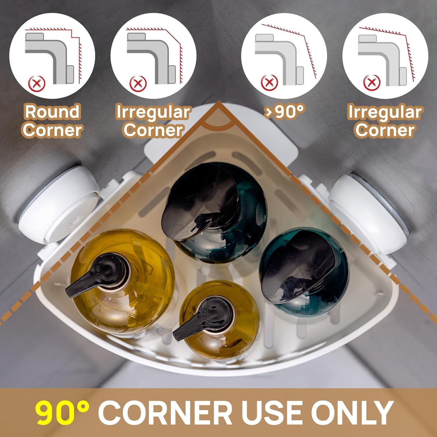 LEVERLOC Suction Cup Corner Shower Caddy Basket, Powerful Suction, Waterproof & Rustproof, No-Drilling Removable