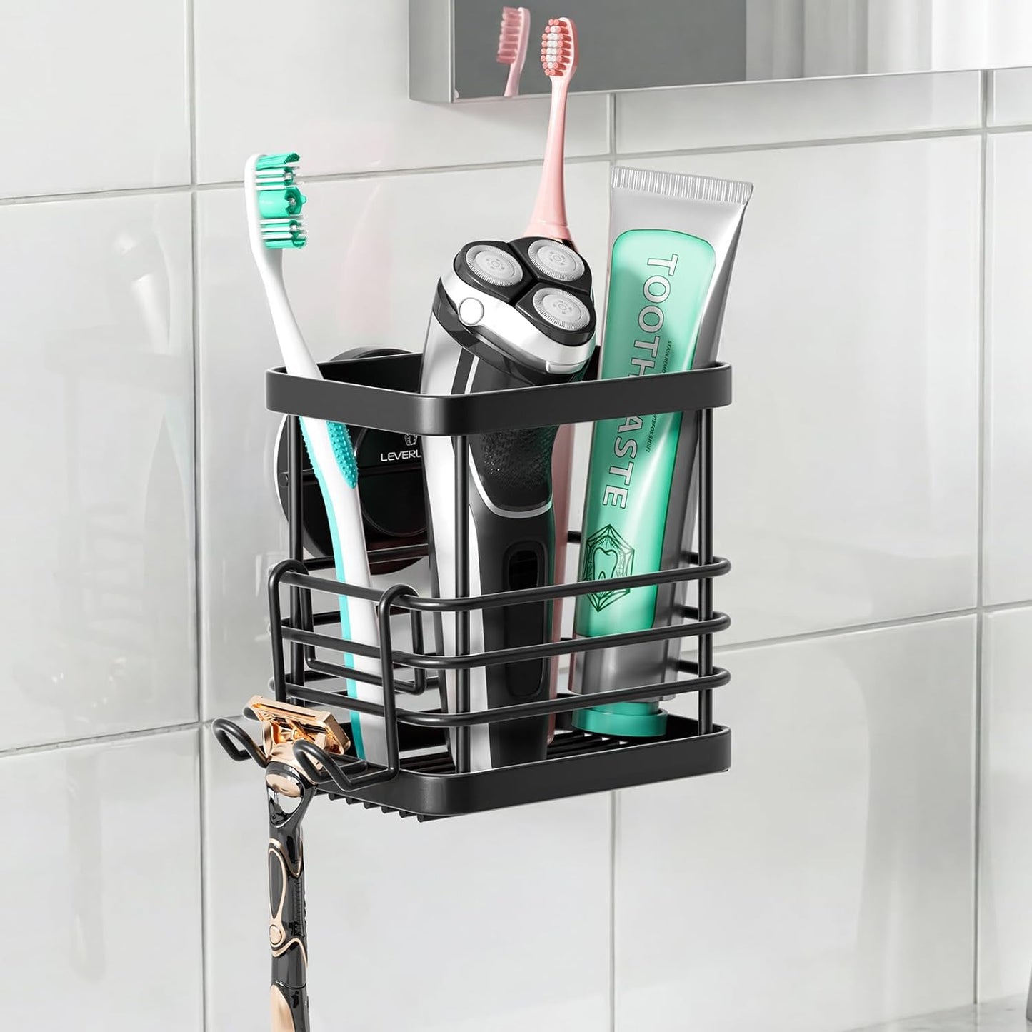 LEVERLOC Suction Cup Series Toothbrush Holder, Stainless Steel Anti-Puddling Shower Toothpaste & Razor Organizer, No Drilling