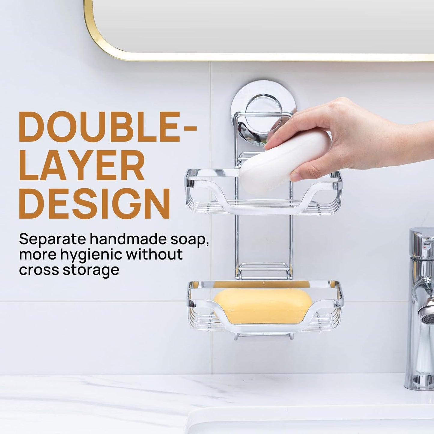 LEVERLOC Suction Cup Series 2 Tier Soap Holder, Stainless Steel Wall Mounted Shower Soap Dish, Waterproof Removable Sponge Holder, Keep Dry