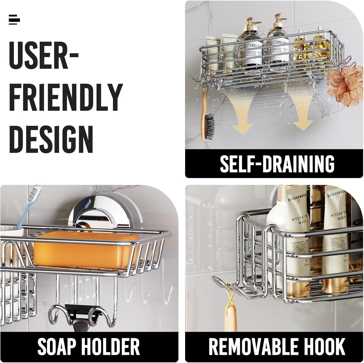 LEVERLOC Vacuum Suction Series 2-Pack Shower Caddy, Rustproof Bathroom Organizer Storage with Soap Holder & Hooks