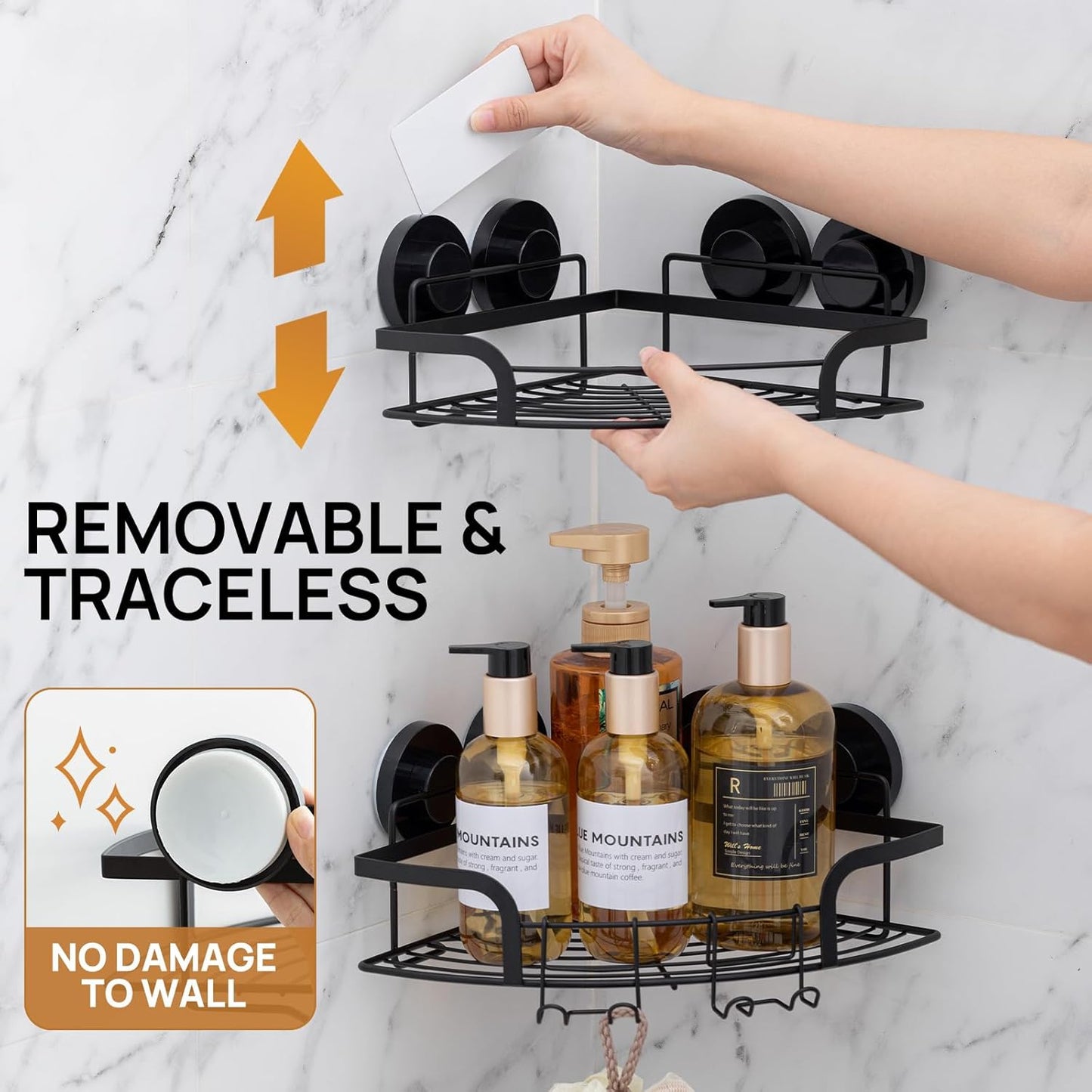 LEVERLOC Vacuum Suction Series 2-Pack Corner Shower Shelf, Stainless Steel Rustproof Bathroom Organizer, Drill-Free