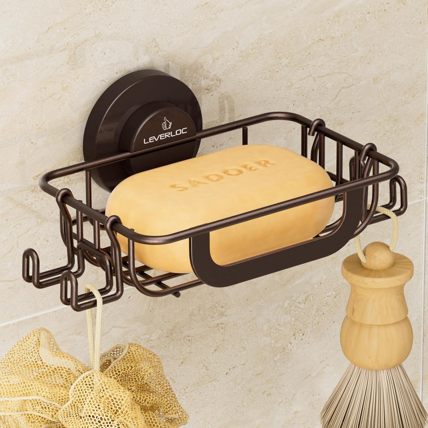 LEVERLOC Suction Cup Series Soap Holder with Hooks, Rustproof Stainless Steel Shower Soap Dish & Sponge Caddy