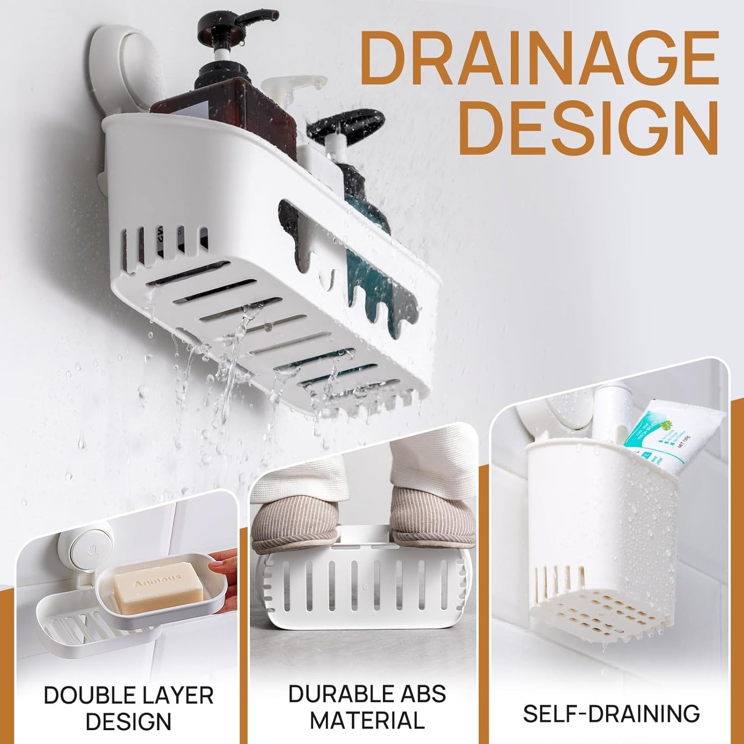 LEVERLOC Suction Cup Series 3-Piece Shower Caddy Set (Shower Organizer, Soap Holder & Toothbrush Holder) - No-Drilling Removable Waterproof Bathroom Shelf Basket