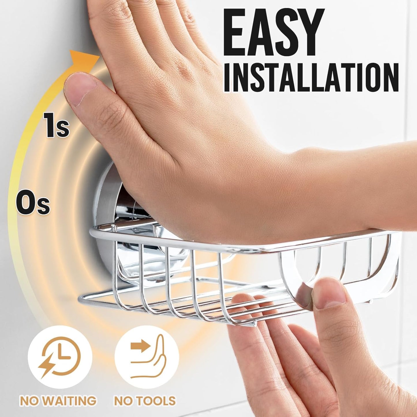 LEVERLOC Suction Cup Series Soap Holder with Hooks, Rustproof Stainless Steel Shower Soap Dish & Sponge Caddy