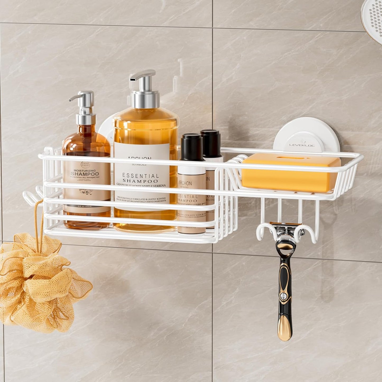 LEVERLOC Vacuum Suction Series 2-Pack Shower Shelf, Heavy Duty Bathroom Organizer & Storage Basket, Rustproof