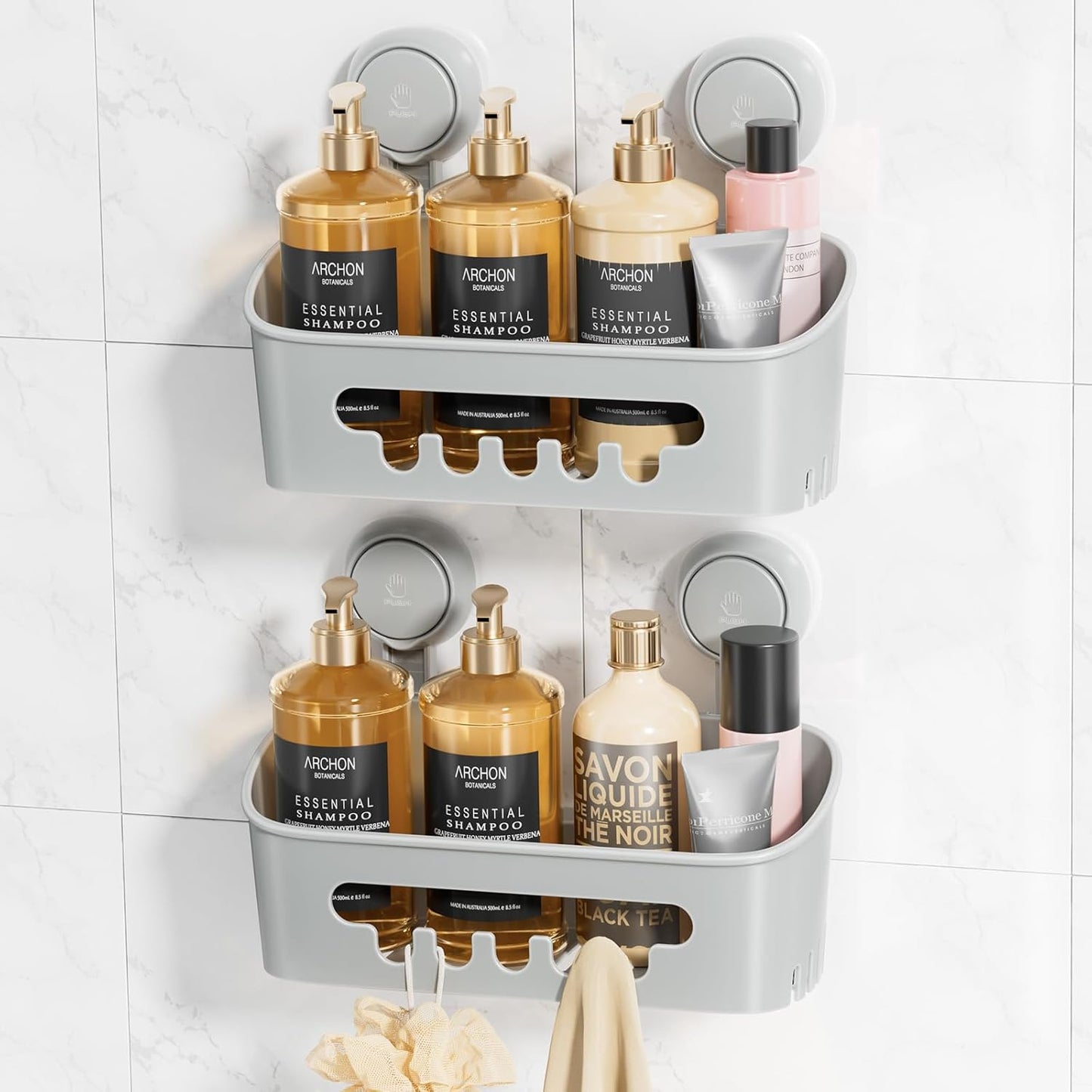 LEVERLOC Suction Cup Shower Caddy Organizer, Max Hold 22lbs Powerful Suction, Waterproof & Removable