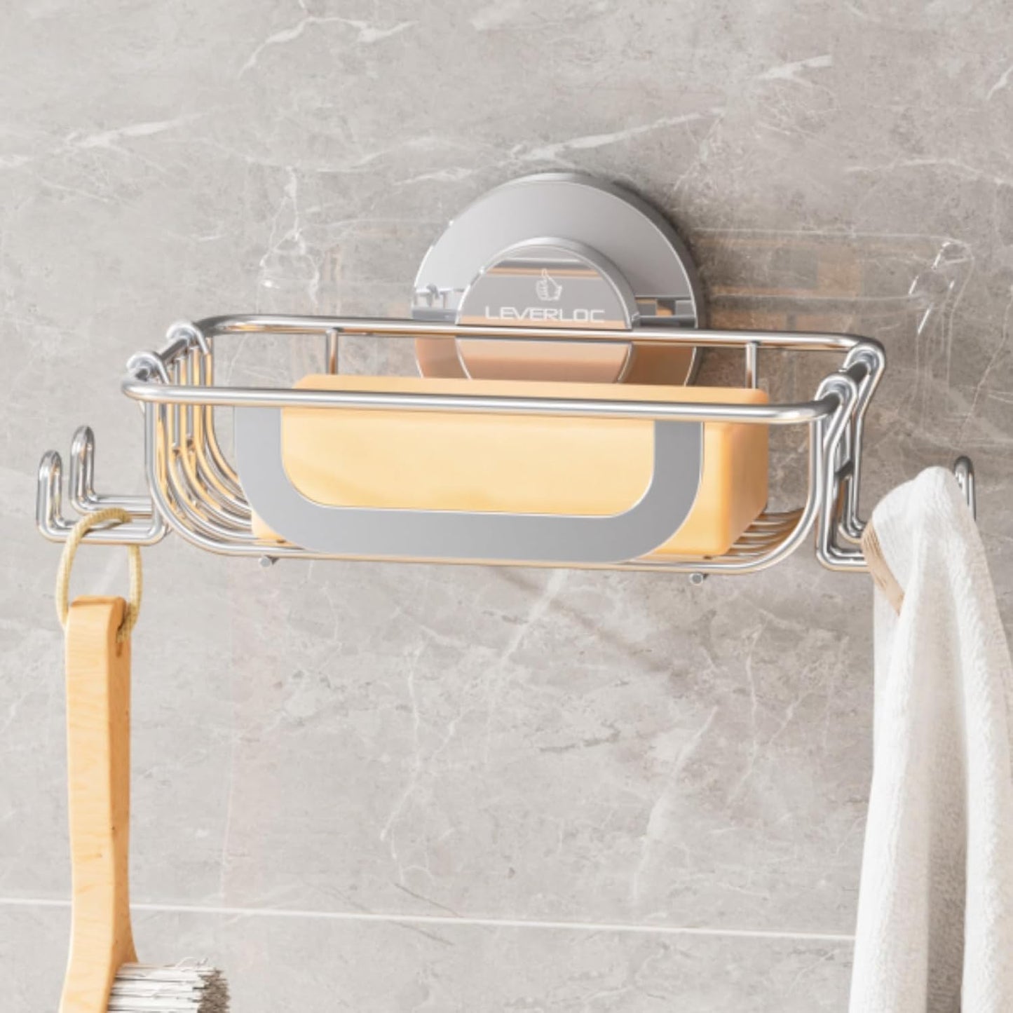 LEVERLOC Suction Cup Series Soap Holder with Hooks, Rustproof Stainless Steel Shower Soap Dish & Sponge Caddy