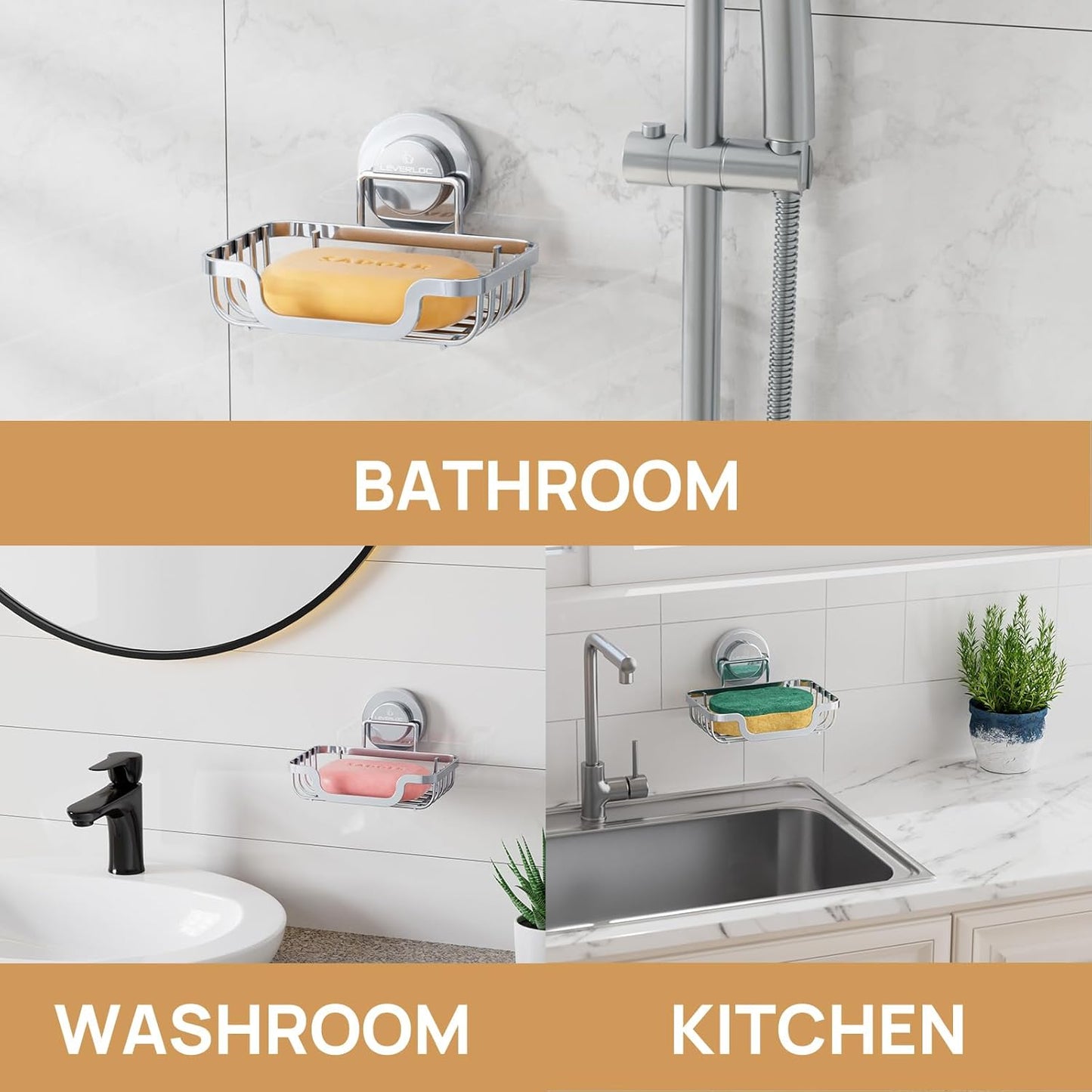 LEVERLOC Suction Cup Series Stainless Steel Soap Dish, Wall Mounted Bar Soap Holder for Shower, No-Drilling Removable Waterproof Sponge Holder for Bathroom Kitchen Sink (Keep Dry)