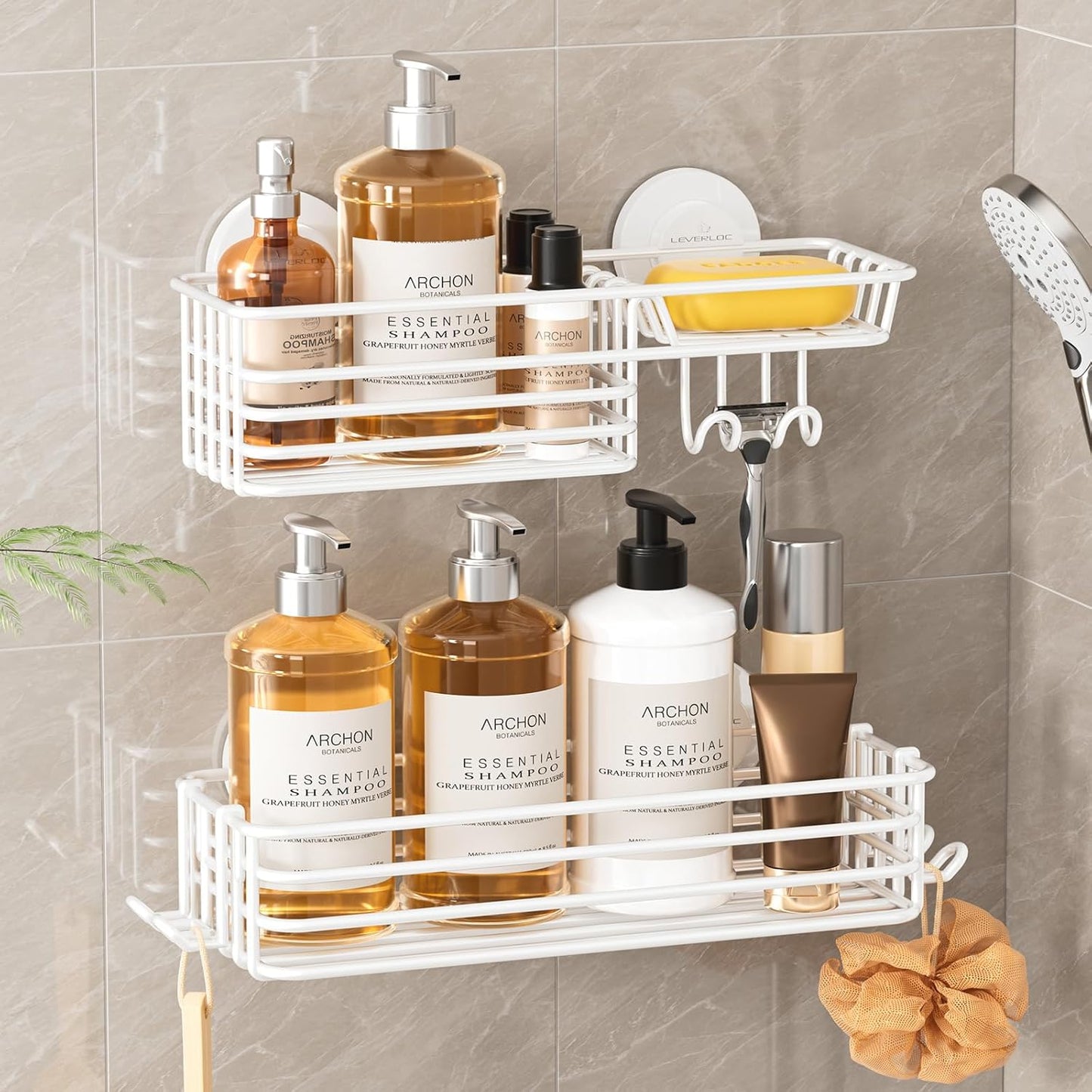 LEVERLOC Vacuum Suction Series 2-Pack Shower Caddy, Rustproof Bathroom Organizer Storage with Soap Holder & Hooks