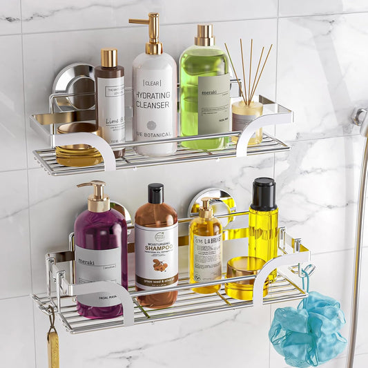 LEVERLOC Vacuum Suction Series 2-Pack Shower Shelf, Heavy Duty Bathroom Organizer & Storage Basket, Rustproof