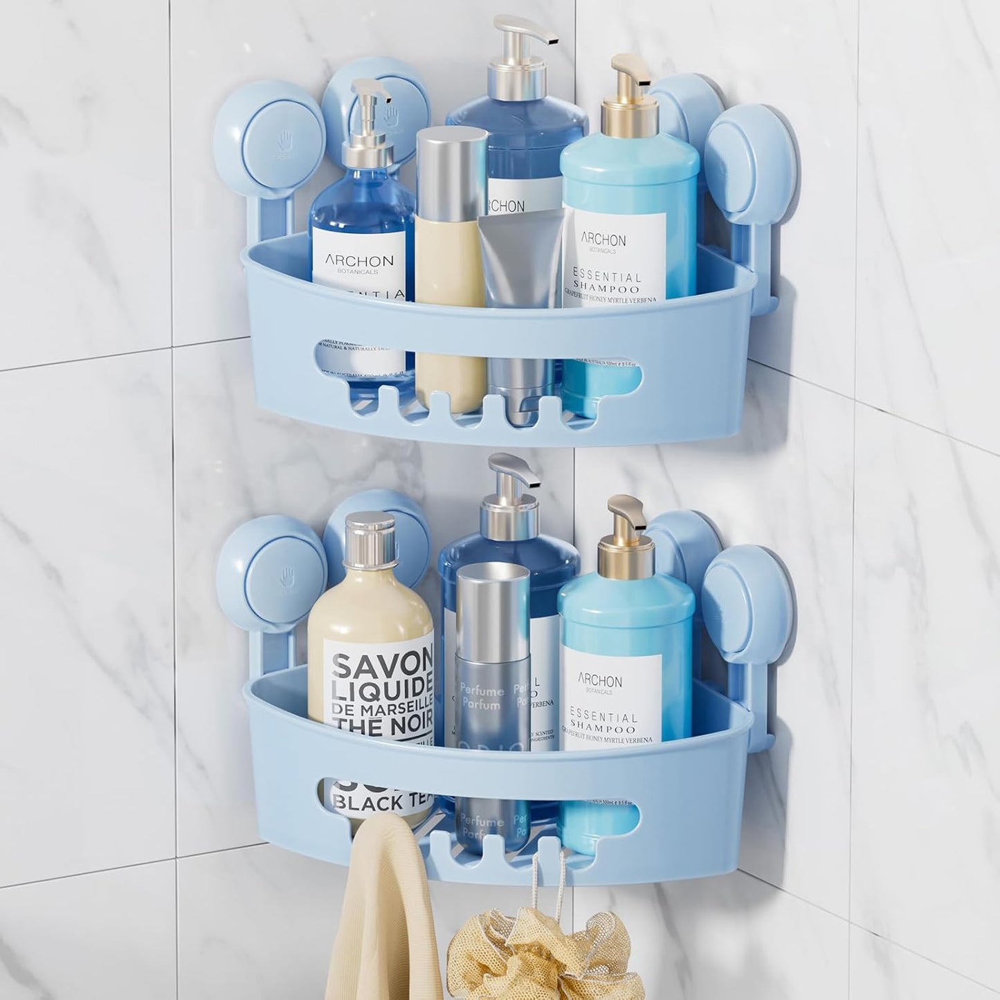 LEVERLOC Suction Cup Corner Shower Caddy Basket, Powerful Suction, Waterproof & Rustproof, No-Drilling Removable