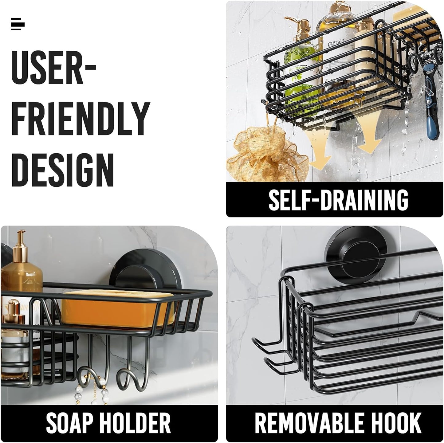 LEVERLOC Vacuum Suction Series 2-Pack Shower Shelf, Heavy Duty Bathroom Organizer & Storage Basket, Rustproof