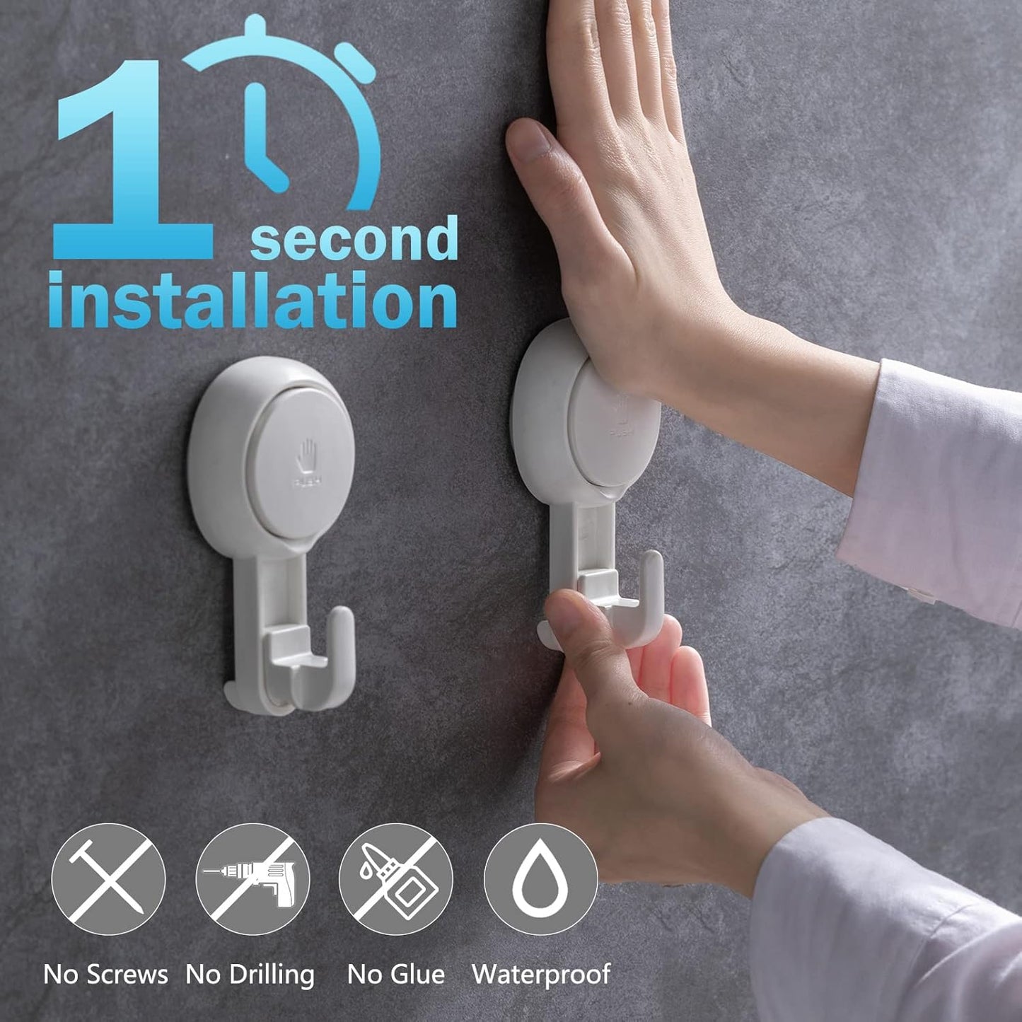 LEVERLOC Heavy-Duty Suction Cup Shower Hooks, 4-Pack:  White，No-Drill Vacuum-Mounted Hooks