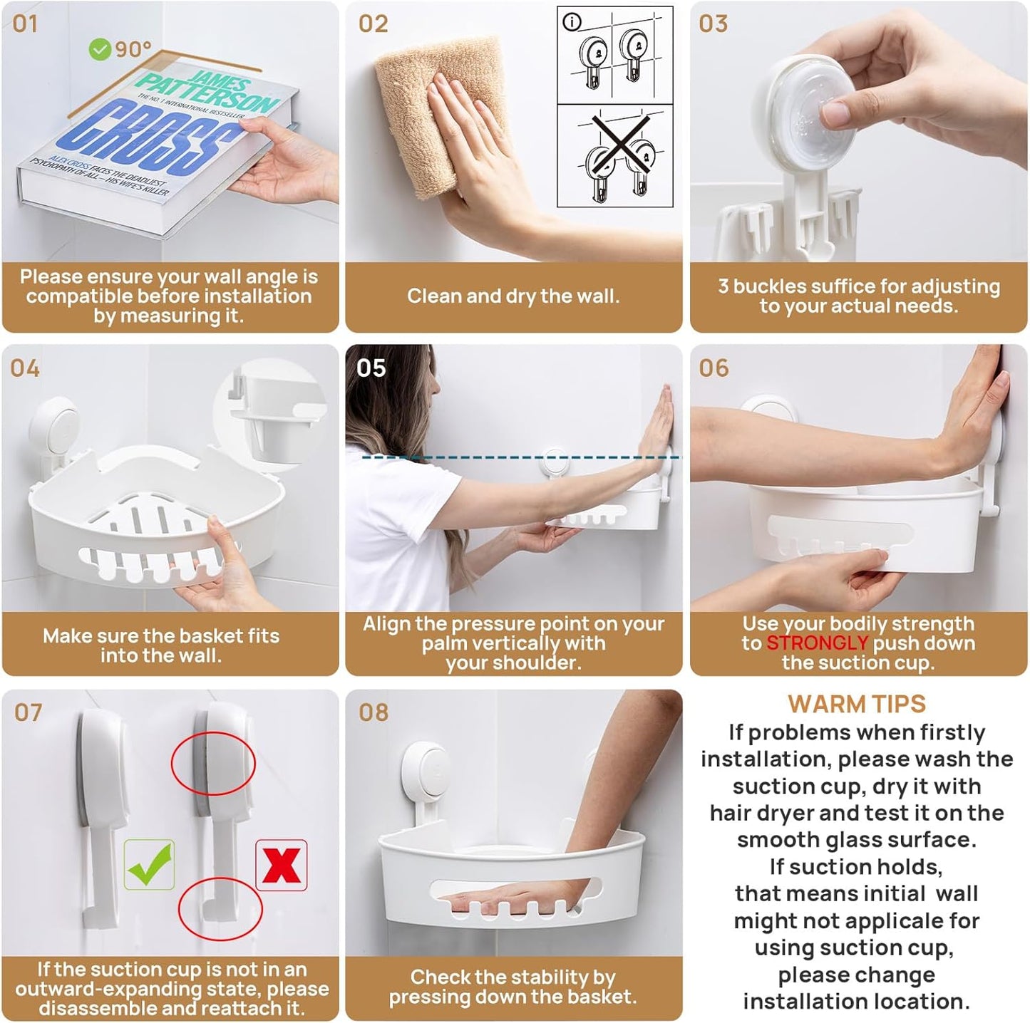 LEVERLOC Suction Cup Corner Shower Caddy Basket, Powerful Suction, Waterproof & Rustproof, No-Drilling Removable