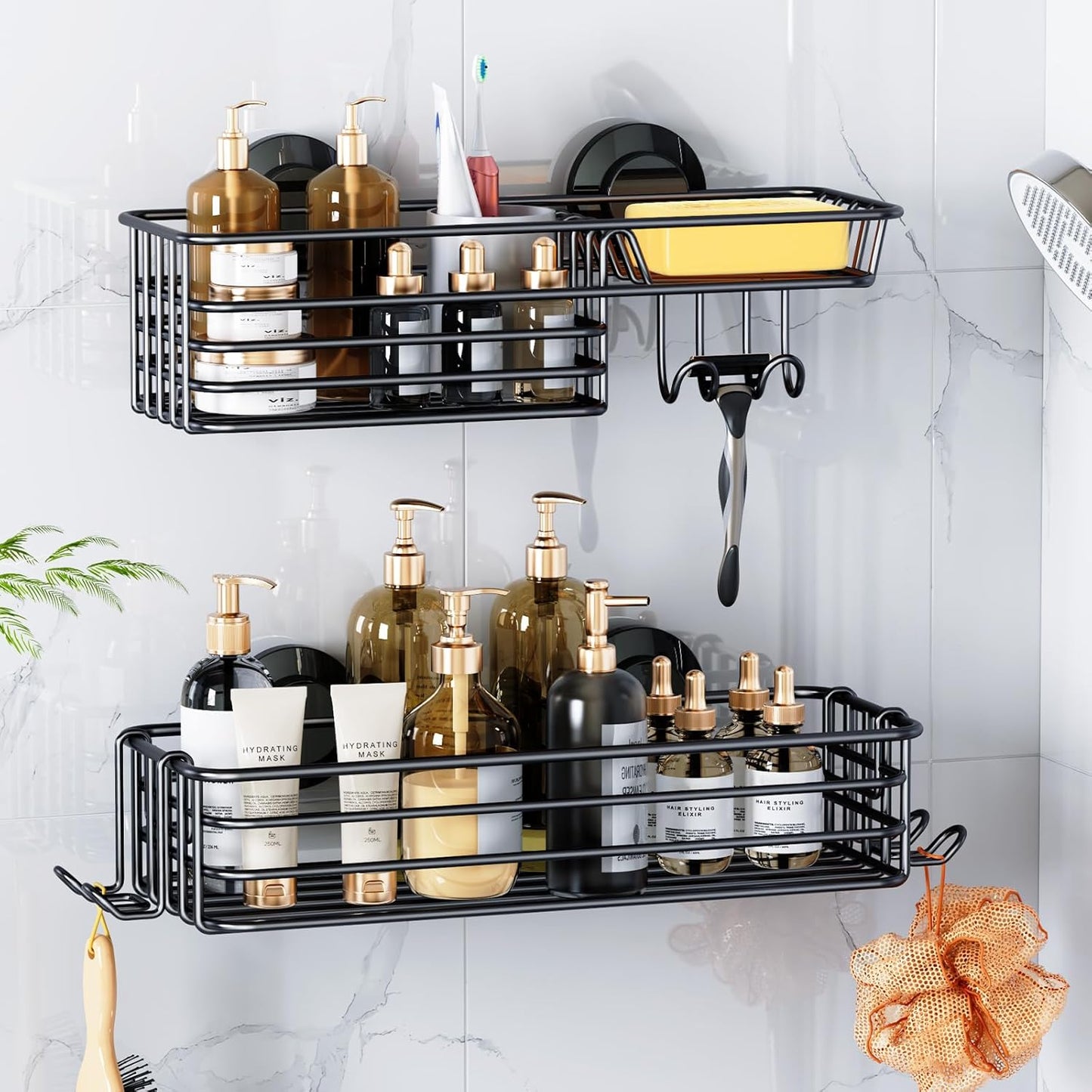 LEVERLOC Vacuum Suction Series 2-Pack Shower Caddy, Rustproof Bathroom Organizer Storage with Soap Holder & Hooks