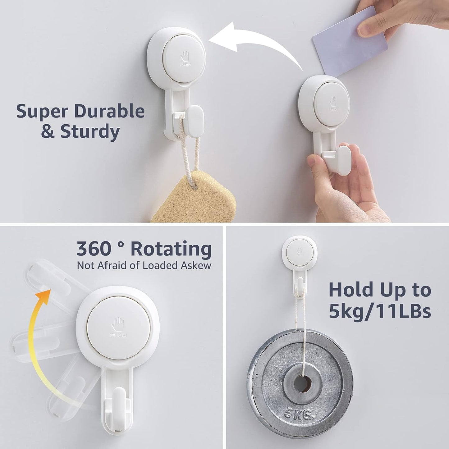 LEVERLOC Heavy-Duty Suction Cup Shower Hooks, 4-Pack:  White，No-Drill Vacuum-Mounted Hooks
