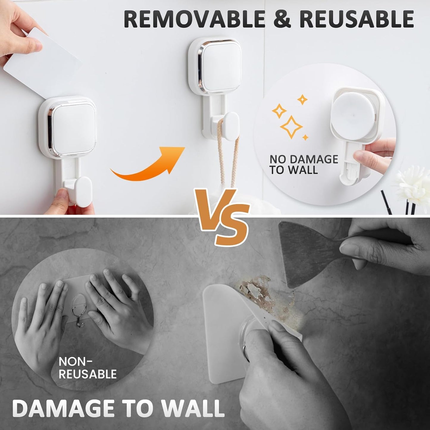 LEVERLOC Suction Cup Series Shower Hooks (4 Pack), Powerful Vacuum Towel & Loofah Holders, Damage Free