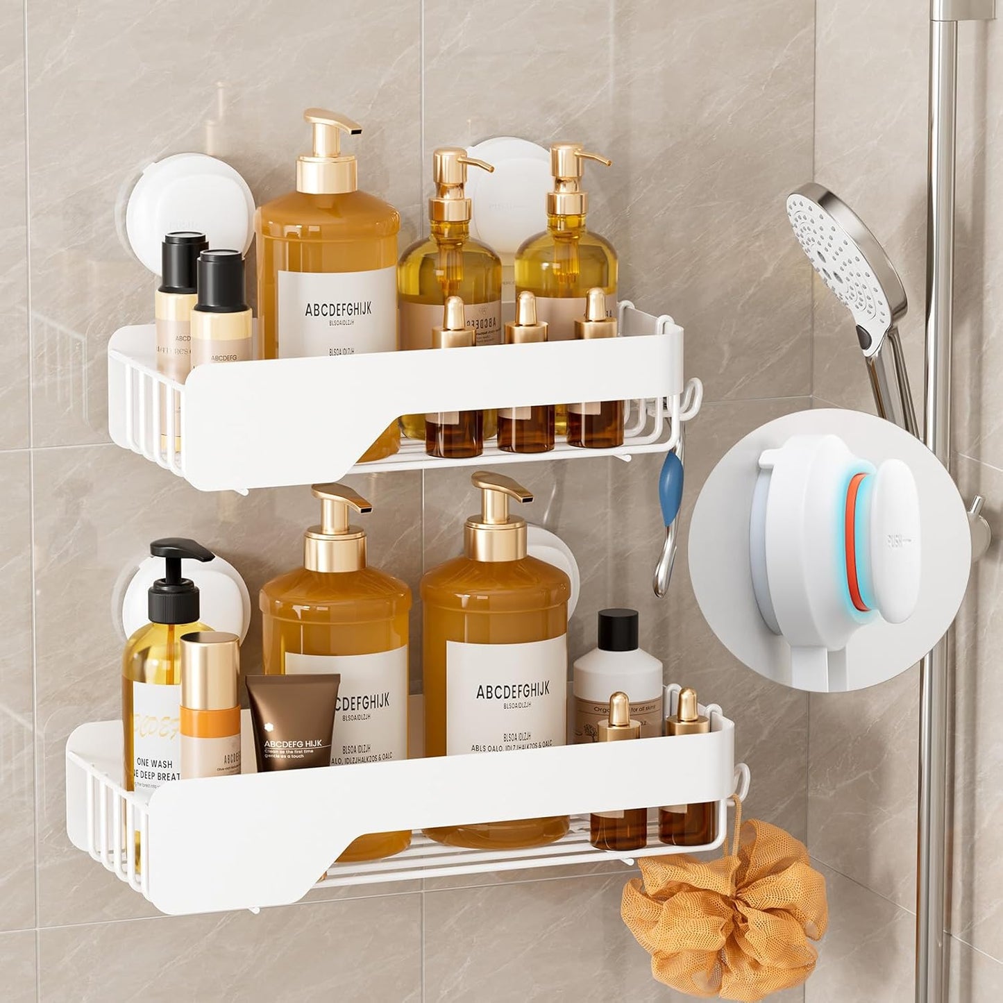 LEVERLOC Vacuum Suction Series 2-Pack Corner Shower Shelf, Stainless Steel Rustproof Bathroom Organizer, Drill-Free