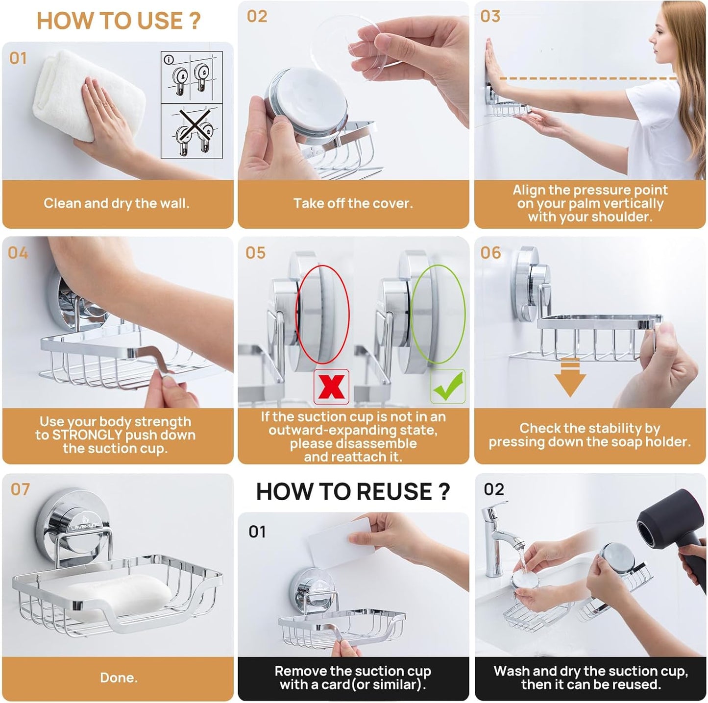 LEVERLOC Suction Cup Series Stainless Steel Soap Dish, Wall Mounted Bar Soap Holder for Shower, No-Drilling Removable Waterproof Sponge Holder for Bathroom Kitchen Sink (Keep Dry)