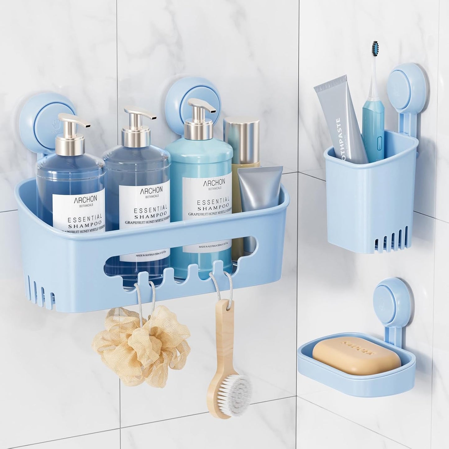 LEVERLOC Suction Cup Series 3-Piece Shower Caddy Set (Shower Organizer, Soap Holder & Toothbrush Holder) - No-Drilling Removable Waterproof Bathroom Shelf Basket
