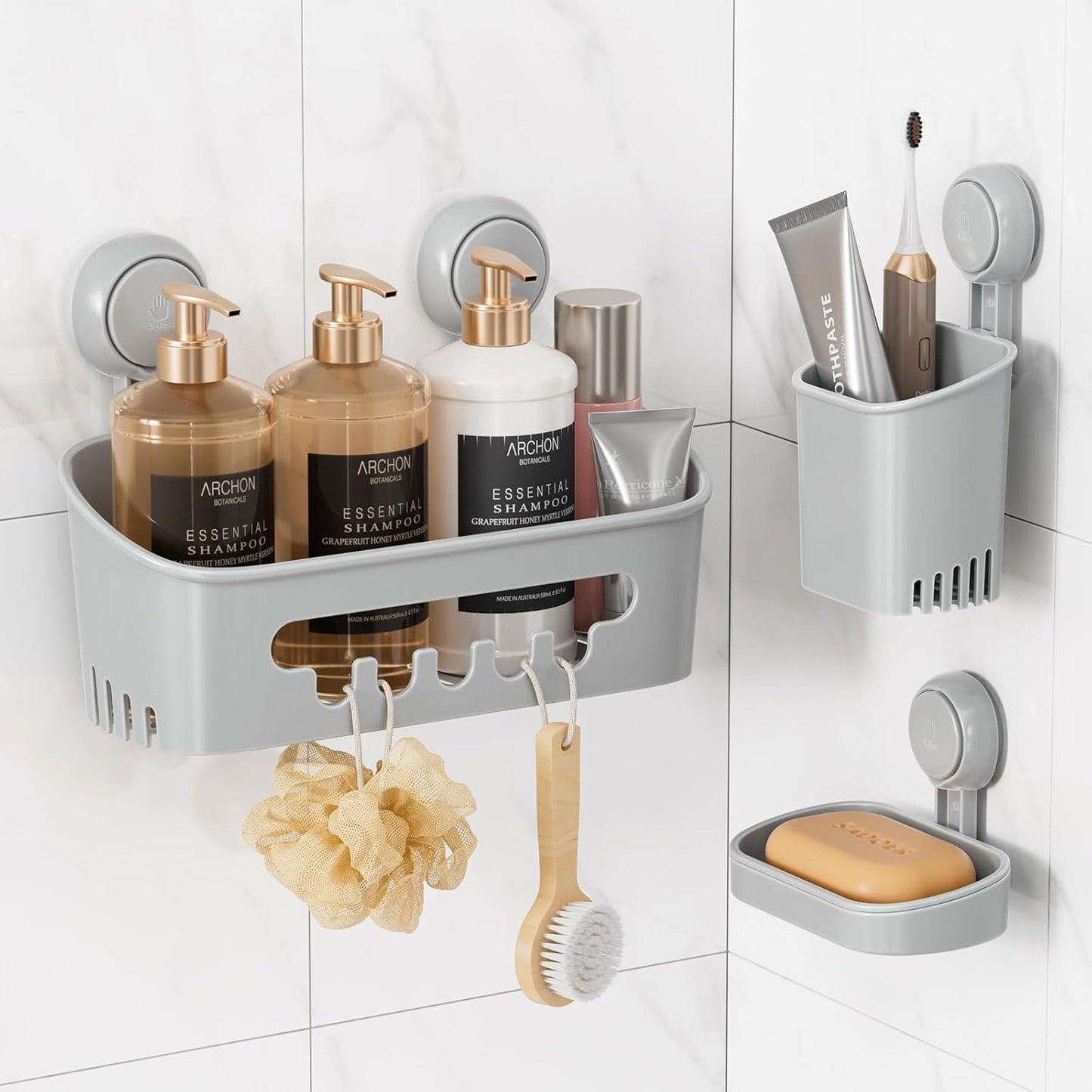 LEVERLOC Suction Cup Series 3-Piece Shower Caddy Set (Shower Organizer, Soap Holder & Toothbrush Holder) - No-Drilling Removable Waterproof Bathroom Shelf Basket