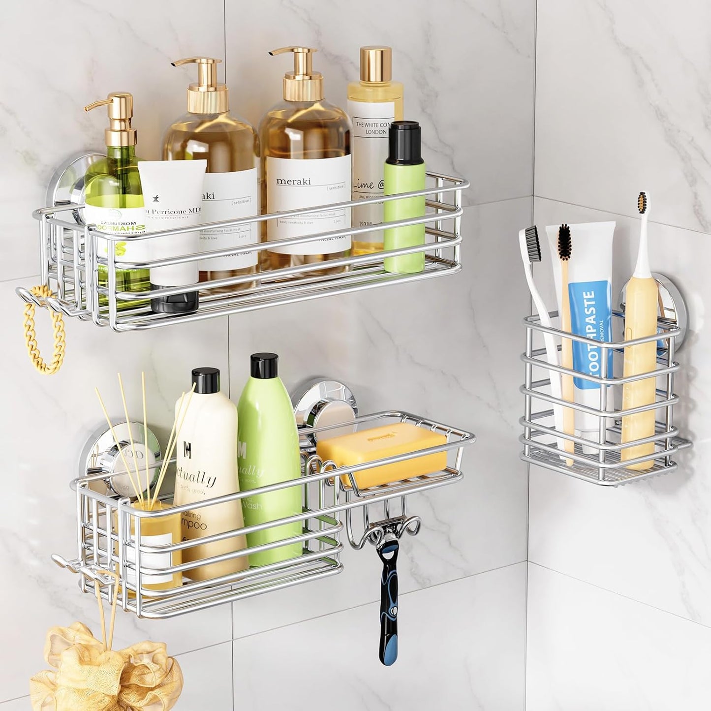 LEVERLOC Vacuum Suction Series 3-Pack Shower Caddy, Rustproof Bathroom Organizer Storage with Soap Holder & Hooks