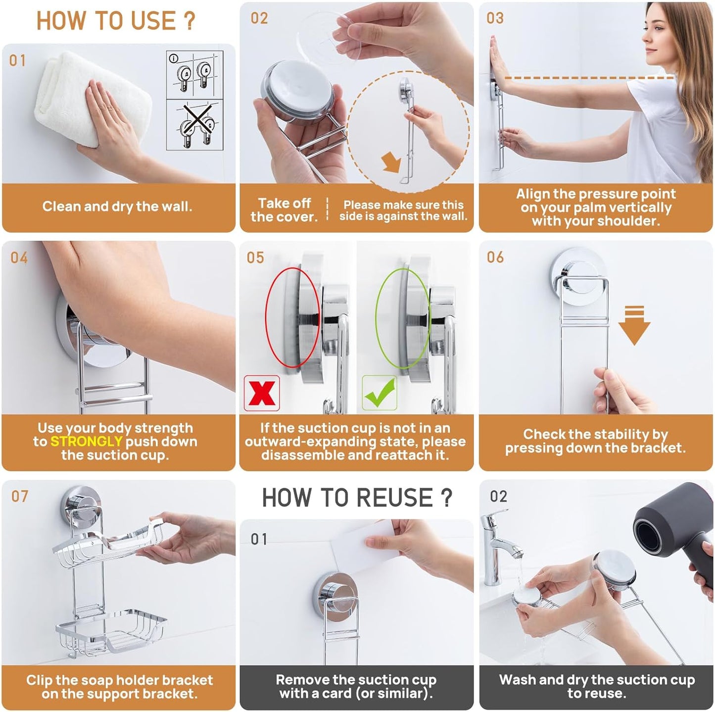 LEVERLOC Suction Cup Series 2 Tier Soap Holder, Stainless Steel Wall Mounted Shower Soap Dish, Waterproof Removable Sponge Holder, Keep Dry