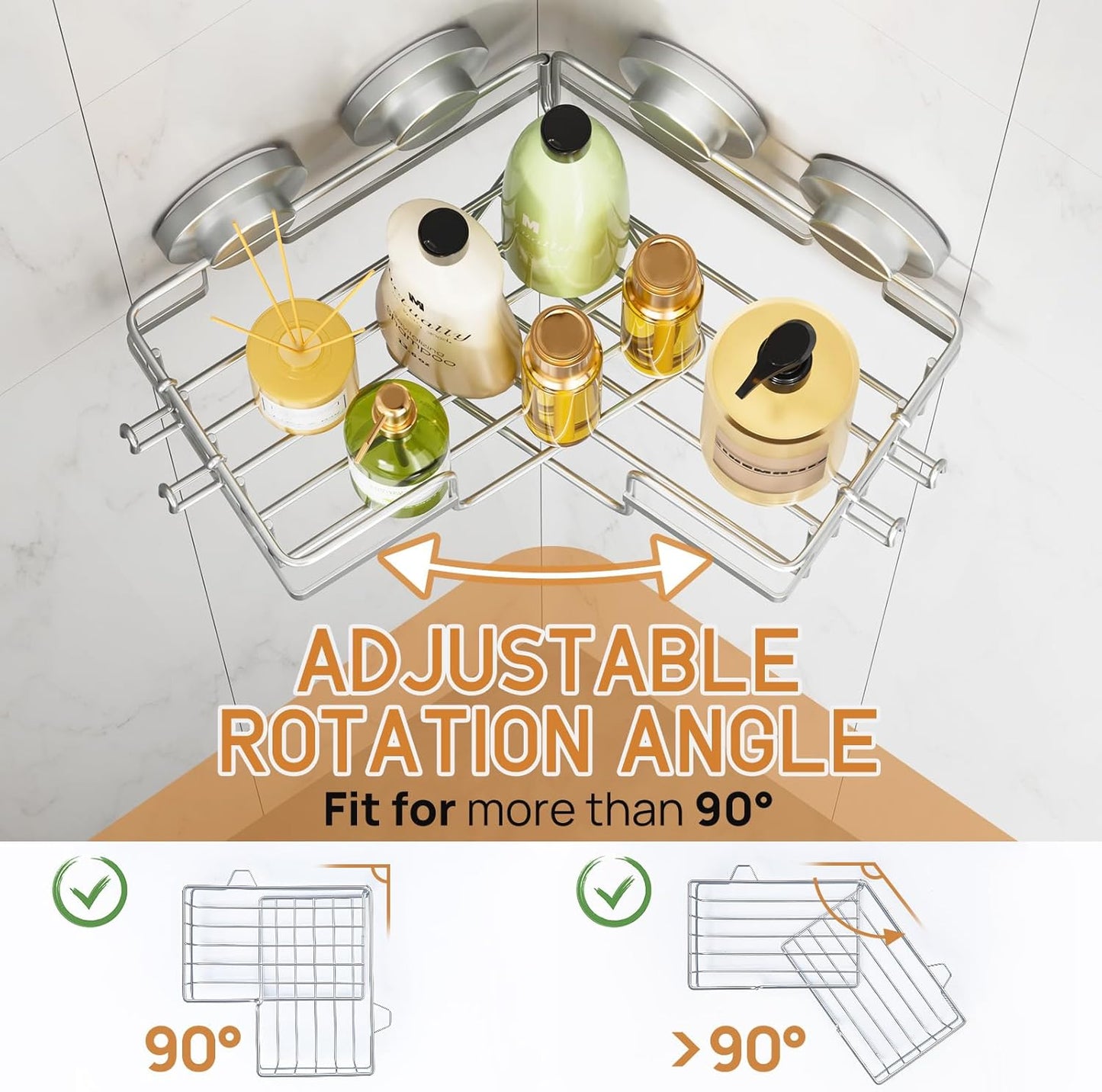 LEVERLOC Vacuum Suction Series 2-Pack Corner Shower Shelf, Stainless Steel Rustproof Bathroom Organizer, Drill-Free