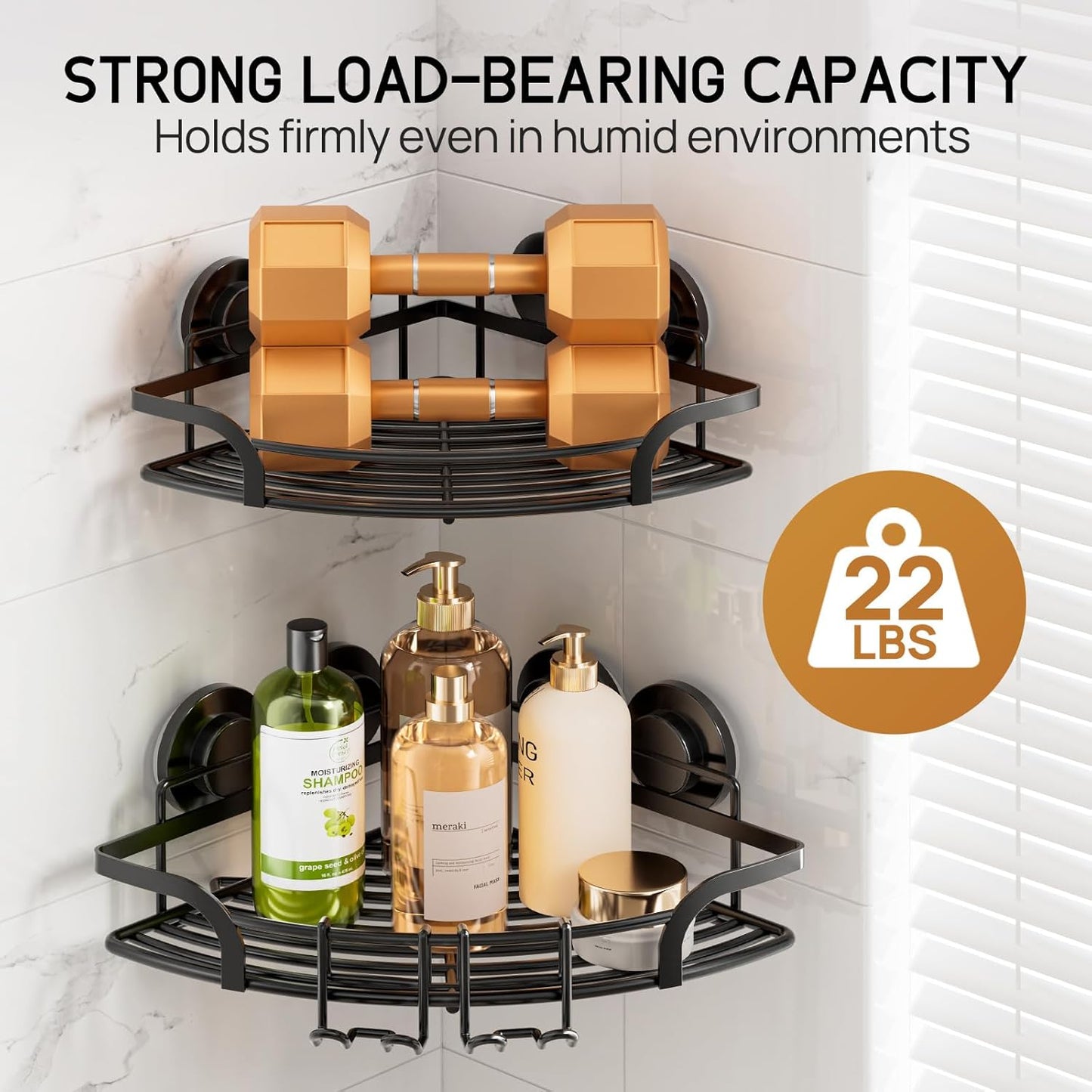 LEVERLOC Vacuum Suction Series 2-Pack Corner Shower Shelf, Stainless Steel Rustproof Bathroom Organizer, Drill-Free