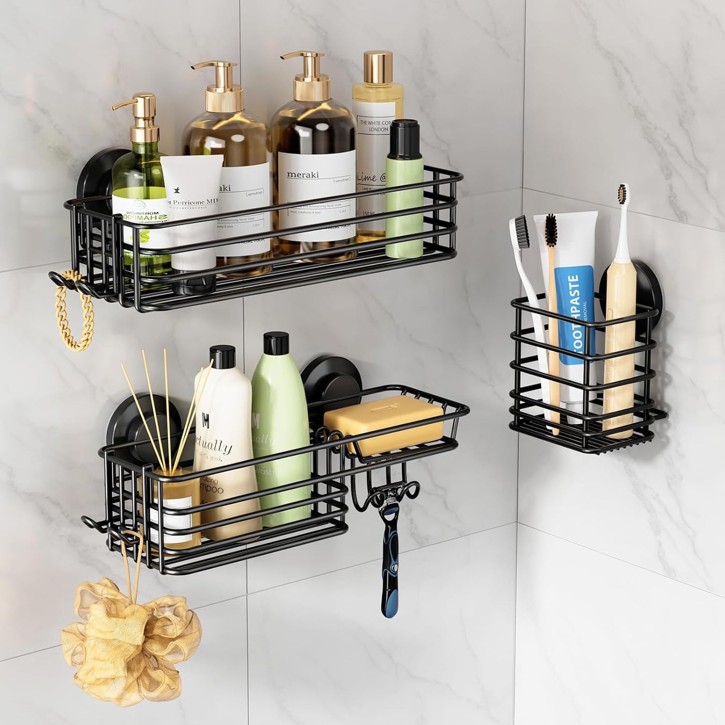 LEVERLOC Vacuum Suction Series 3-Pack Shower Caddy, Rustproof Bathroom Organizer Storage with Soap Holder & Hooks