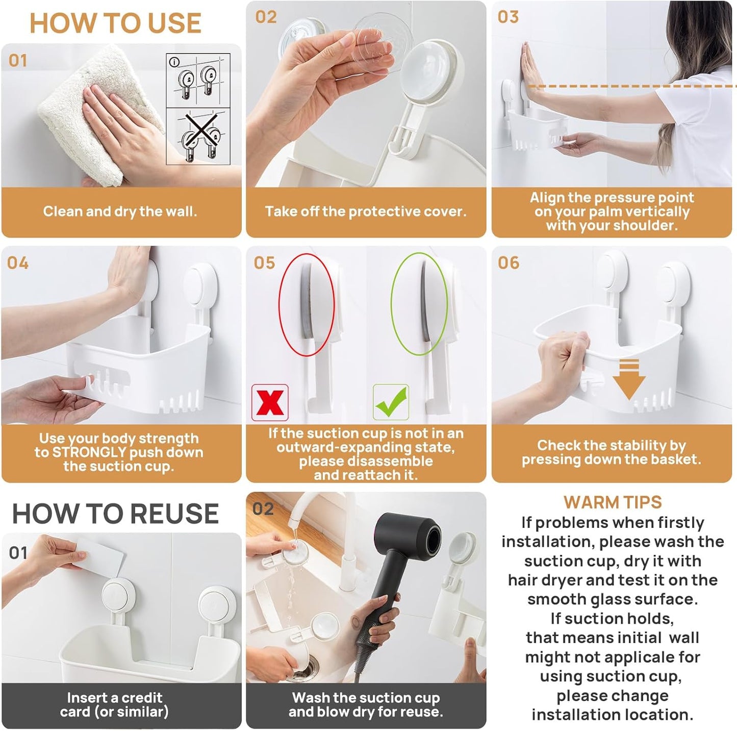 LEVERLOC Suction Cup Series 3-Piece Shower Caddy Set (Shower Organizer, Soap Holder & Toothbrush Holder) - No-Drilling Removable Waterproof Bathroom Shelf Basket