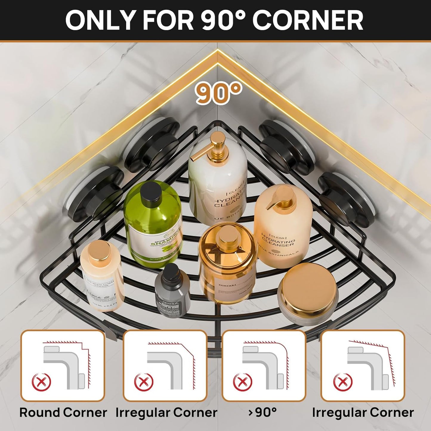 LEVERLOC Vacuum Suction Series 2-Pack Corner Shower Shelf, Stainless Steel Rustproof Bathroom Organizer, Drill-Free