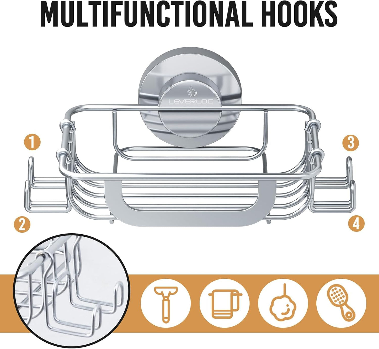 LEVERLOC Suction Cup Series Soap Holder with Hooks, Rustproof Stainless Steel Shower Soap Dish & Sponge Caddy